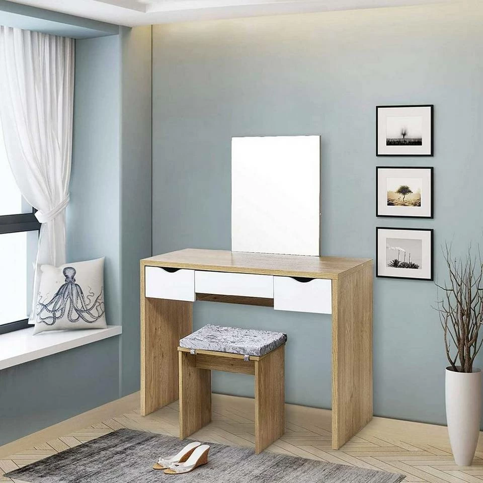 EUGAD Schminktisch, mit Hocker einem große Spiegel und 3 großen Schubladen Weiß-Eiche Eiche-Weiß, Weiß, Weiß-Eiche 15 EUGAD Schminktisch, mit Hocker einem große Spiegel und 3 großen Schubladen Weiß-Eiche Eiche-Weiß, Weiß, Weiß-Eiche – Bild 13