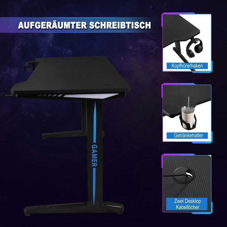 EUGAD Gamingtisch, Gaming Tisch mit LED 120x60cm Ergonomischer Schwarz Computertisch Schreibtisch PC Tisch mit Kabelmanagement Becherhalter Kopfhörerhalterung 9 EUGAD Gamingtisch, Gaming Tisch mit LED 120x60cm Ergonomischer Schwarz Computertisch Schreibtisch PC Tisch mit Kabelmanagement Becherhalter Kopfhörerhalterung – Bild 8