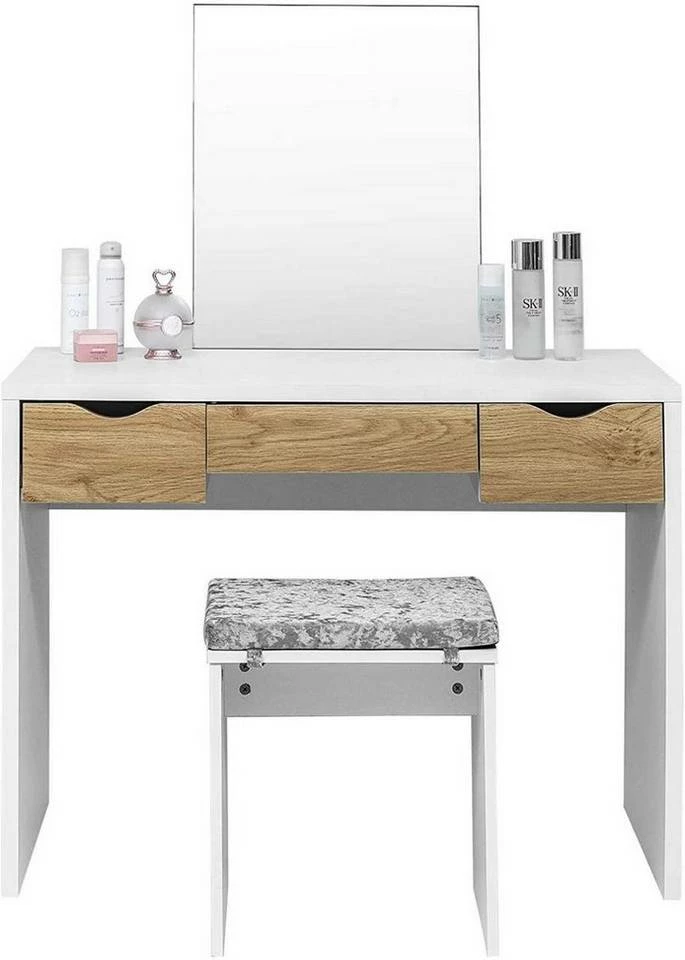 EUGAD Schminktisch, mit Hocker einem große Spiegel und 3 großen Schubladen Weiß-Eiche Eiche-Weiß, Weiß, Weiß-Eiche 3 EUGAD Schminktisch, mit Hocker einem große Spiegel und 3 großen Schubladen Weiß-Eiche Eiche-Weiß, Weiß, Weiß-Eiche