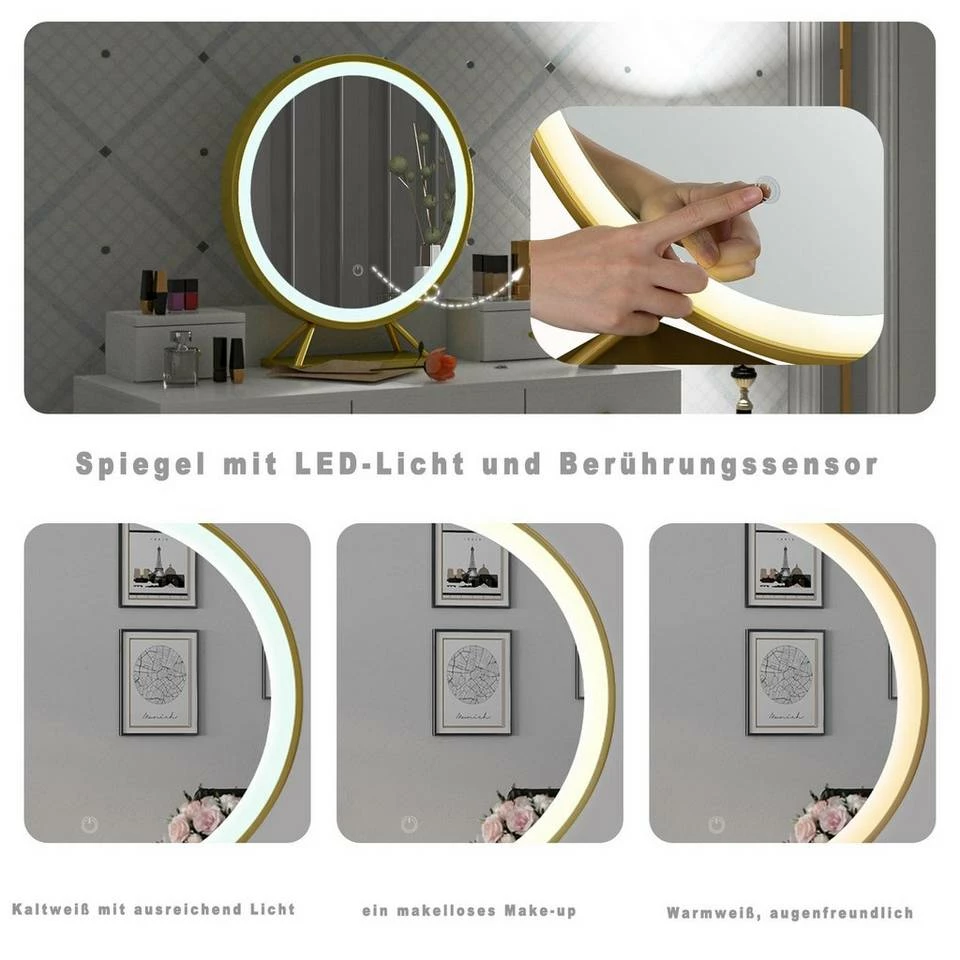 EUGAD Schminktisch (1-St), Schminktisch mit LED-Beleuchtung in 3 Farben, Kosmetiktisch mit Spiegel und Hocker, 5 Schubladen, 100x40x140cm, Modern Kosmetiktisch Weiß Schwarz, Weiß 3 EUGAD Schminktisch (1-St), Schminktisch mit LED-Beleuchtung in 3 Farben, Kosmetiktisch mit Spiegel und Hocker, 5 Schubladen, 100x40x140cm, Modern Kosmetiktisch Weiß Schwarz, Weiß – Bild 2