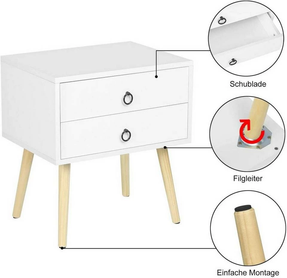 EUGAD Nachttisch, 2er-Set Beistelltisch mit 2 Schubladen Nachtkommode Nachtschrank Holzbeine MDF 46x35x50cm Weiß Grau, Weiß 9 EUGAD Nachttisch, 2er-Set Beistelltisch mit 2 Schubladen Nachtkommode Nachtschrank Holzbeine MDF 46x35x50cm Weiß Grau, Weiß – Bild 7