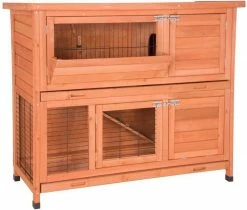 EUGAD Tierhaus, Hasenstall Kaninchenstall Hasenkäfig Kleintierstall Meerschweinchen Massivholz Hellrot 120 x 50 x 100,5 cm Grau-Weiß, Hellbraun