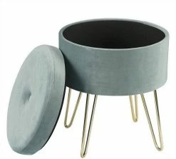 EUGAD Sitzhocker, Samthocker mit Stauraum, rund, mit stabilen goldenen Metallfüßen, Türkis Dunkelgrau, Dunkelgrün, Hellgrau, Rosa, Türkis