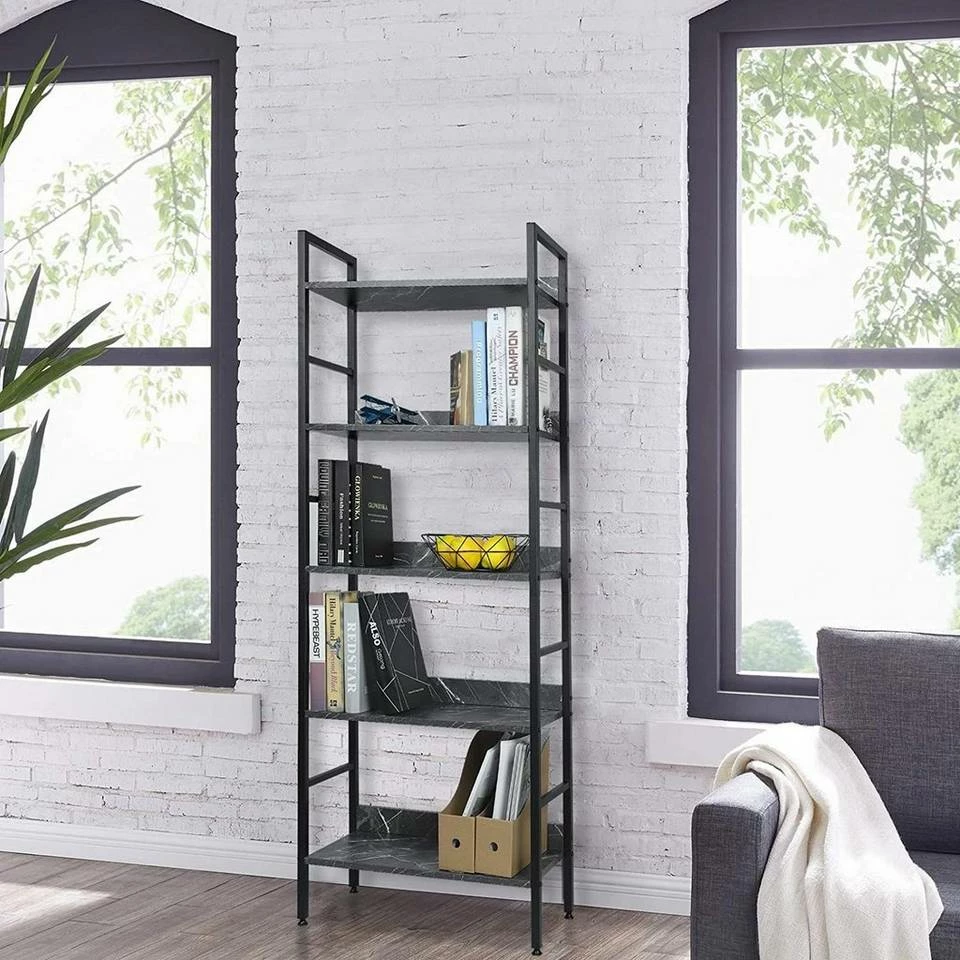 EUGAD Bücherregal, 1-tlg., Standregal, Küchenregal, 5 offenen Regalebenen, MDF, Metall, Schwarz Marmor Golden-Weißer Marmor, Vintage 4 EUGAD Bücherregal, 1-tlg., Standregal, Küchenregal, 5 offenen Regalebenen, MDF, Metall, Schwarz Marmor Golden-Weißer Marmor, Vintage – Bild 2