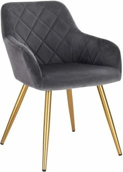 EUGAD Esszimmerstuhl (1 Stück), Wohnzimmerstuhl aus Samt Polsterstuhl mit Armlehnen und Rückenlehne, Gestell aus Metall mit goldenen Beine Dunkelgrau Schwarz