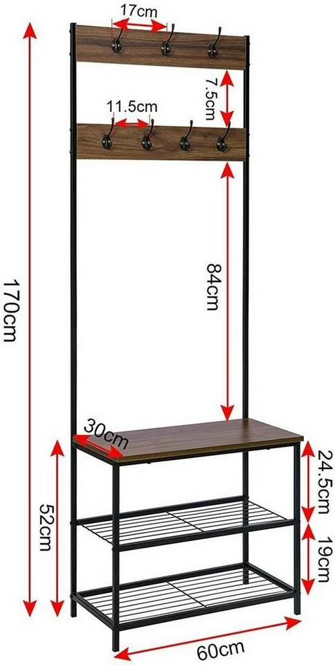EUGAD Garderobenständer, (1 St), Kleiderständer, mit Haken, Schuhbank, Dunkelbraun 5 EUGAD Garderobenständer, (1 St), Kleiderständer, mit Haken, Schuhbank, Dunkelbraun – Bild 3