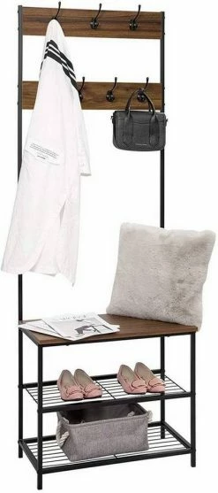 EUGAD Garderobenständer, (1 St), Kleiderständer, mit Haken, Schuhbank, Dunkelbraun