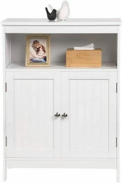 EUGAD Badkommode, Badschrank Beistellschrank, mit Doppeltür, 3 Fächern, MDF, Weiß