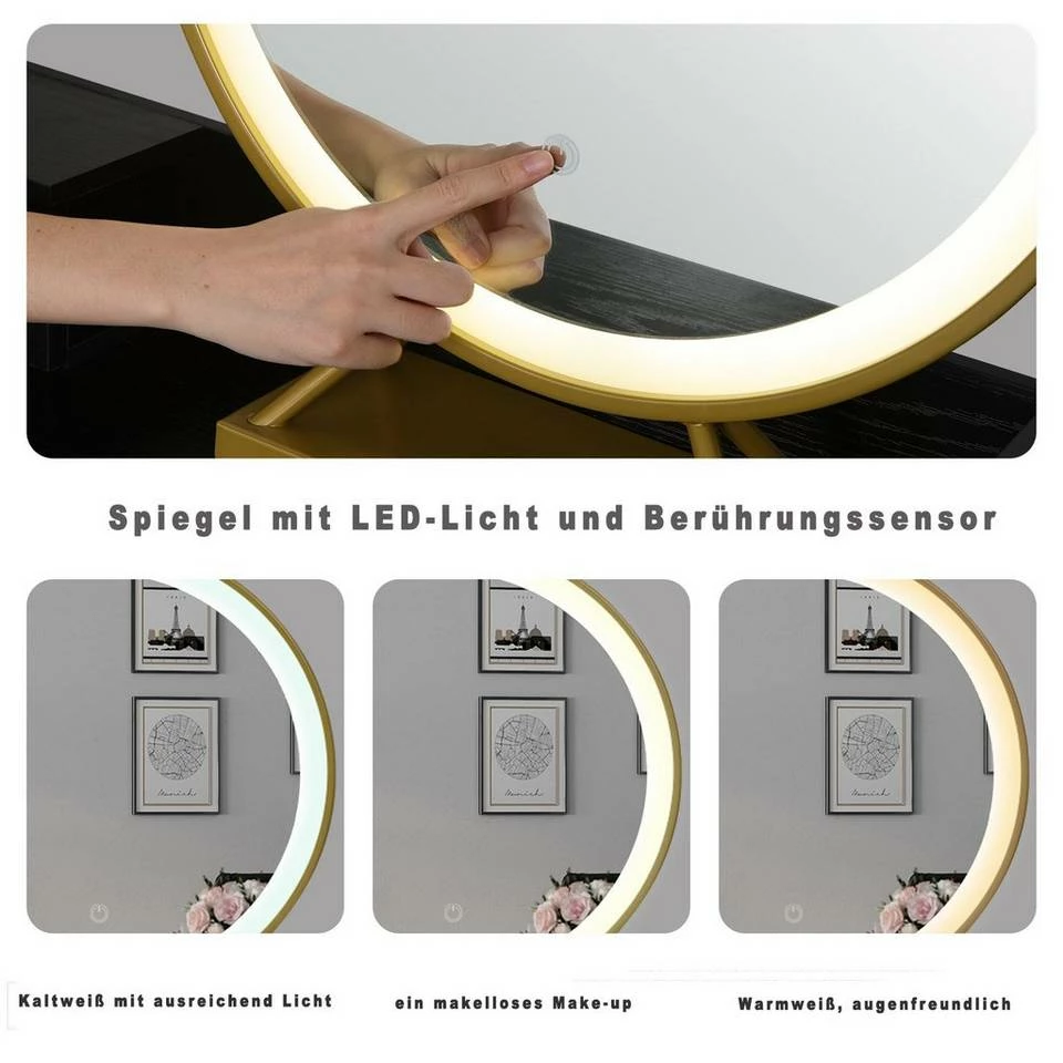 EUGAD Schminktisch (1-St), Schminktisch mit LED-Beleuchtung in 3 Farben, Kosmetiktisch mit Spiegel und Hocker, 5 Schubladen, 100x40x140cm, Modern Kosmetiktisch Weiß Schwarz, Weiß 13 EUGAD Schminktisch (1-St), Schminktisch mit LED-Beleuchtung in 3 Farben, Kosmetiktisch mit Spiegel und Hocker, 5 Schubladen, 100x40x140cm, Modern Kosmetiktisch Weiß Schwarz, Weiß – Bild 12